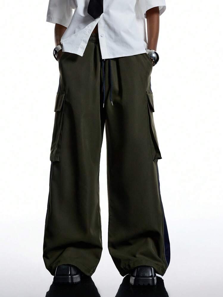 LYSMO 女士休闲百搭纯色阔腿工装裤 - 綠色 - 查看 7