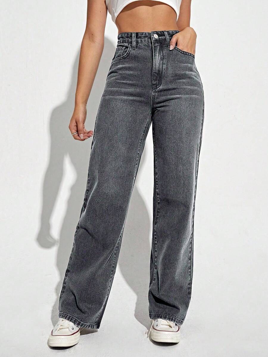 Jeanoix High Waist Straight Leg Jeans Y2k - Dark Grey - View 1