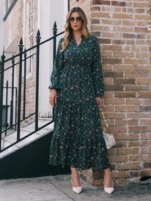 EMERY ROSE V 领花卉印花休闲百搭长袖连衣裙长款女装 - 彩色 - 查看 5