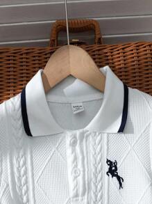 夏季新款休闲纹理针织 Polo 衫 T 恤 + 宽松短裤 2 件套年轻男孩服装，学院风 - 白色 - 查看 5