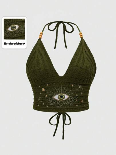 Hippie Urlaubsstil Mond & Stern Stickerei blau-grün Damen Große Größen Strickpullover