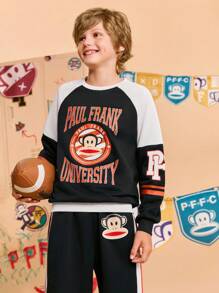 Paul Frank X SHEIN Tween Boy Retro Collegiate Letter & Cartoon Graphic Color Block Crew Neck Raglan Sleeve Sweatshirt And Sweatpants Set, Autumn/Winter - Black and White - View 2