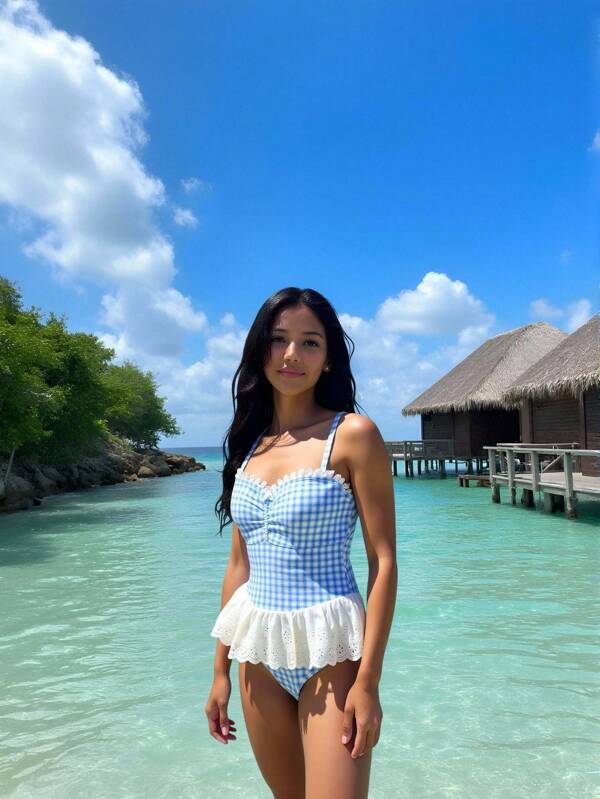 Teen Girl Summer Beach Vacation Gingham Print Floral Patchwork One-Piece Swimsuit