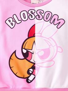 THE POWERPUFF GIRLS X SHEIN 年轻女孩可爱花朵印花撞色落肩宽松圆领运动衫和裤子两件套，秋冬 - 粉色 - 查看 5