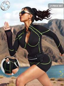 Innovista Woman Contrast Stitching Sports Sets Sophisticated Two Tone Design Workout Clothes Athletic Outfits Training Breathable Active Crop Top Zip Up Jacket T-Shirt With Booty Lifting Shorts Phone Card Pocket Bottom Two Pieces Daily Yoga Cycle Biker HIIT Office To Court Brunch To Gym Two Pieces Multi Function Athleisure All Day Stretchy Activewear Look Utilitarian Chic, Neon Line