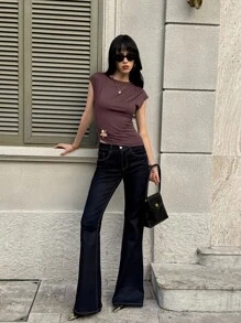 SHEIN Unity Áo thun tay ngắn nữ dáng ôm kim loại bất đối xứng, thiết kế độc đáo - Cà phê nâu - Xem 6