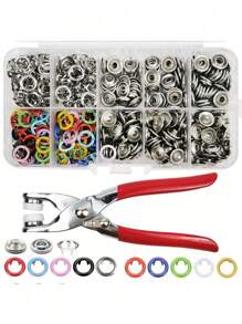 Set de 100 piezas de remaches a presión 9.5mm de 10 colores semi-coloreados con anillo de metal, botones pequeños con caja metálica hueca y herramienta de presión de alicates para costura