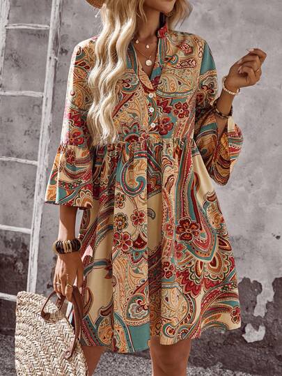 EMERY ROSE Boho Multicolor A-Line Short Dress With Flounce Sleeves And Print Paisley Print Dress Boho Dress Women Hippie Dress Long Sleeve Boho Dress Women Summer Paisley Dress