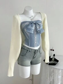 Flirla Back To School Striped Shirt With Bowknot Design Button Camisole Top - Baby Blue - View 3
