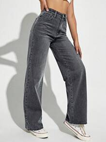 Jeanoix High Waist Straight Leg Jeans Y2k - Dark Grey - View 5