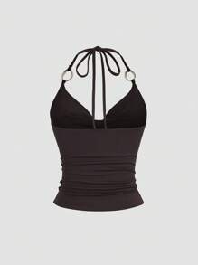 Sweetra 全新 Y2K 金属环装饰通勤百搭垂坠领带女式背心 - 咖啡棕 - 查看 2