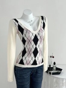Elamini Collegiate Style Argyle Patchwork V-Neck Fitted Sweater Knit Pullover Fall Winter - Apricot - View 3