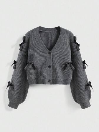 Cute 3D Bow Decor Button Front Knit Cardigan
