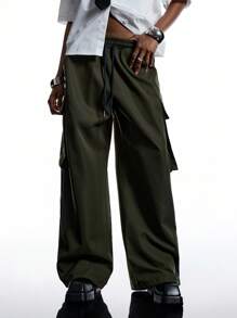 LYSMO 女士休闲百搭纯色阔腿工装裤 - 綠色 - 查看 6