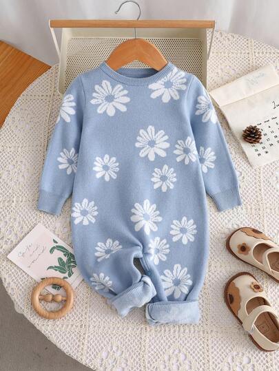 SHEIN 新生女婴花卉印花长袖连体衣，秋冬