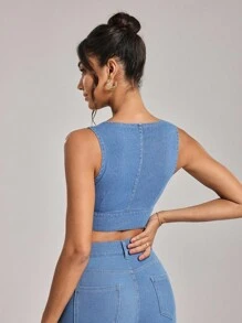 Flexra Chaqueta vaquera sin mangas, súper corta y sexy para mujer, de verano - Azul - Ver 2