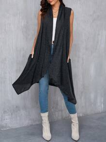 SHEIN Clasi Women's Elegant Asymmetrical Hem Sleeveless Cashmere Cardigan In Fall/Winter - Black - View 1