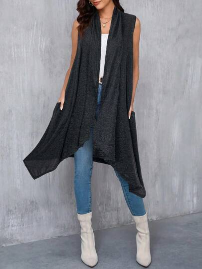 SHEIN Clasi Women's Elegant Asymmetrical Hem Sleeveless Cashmere Cardigan In Fall/Winter