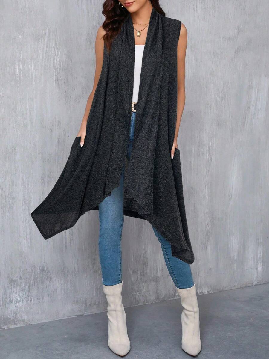 SHEIN Clasi Women's Elegant Asymmetrical Hem Sleeveless Cashmere Cardigan In Fall/Winter - Black - View 1