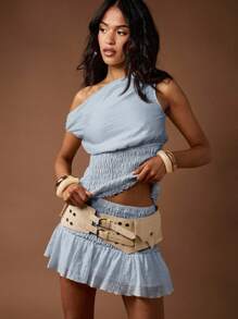 MISSGUIDED One Shoulder Chiffon Mini Dress Summer Ruched Waist Smocked Party Evening Festival Bardot Style With Flared Skirt Hem Pleated Details - Baby Blue - View 6
