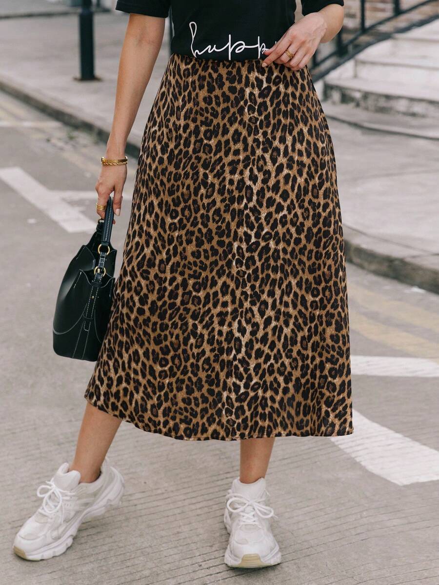 Lunelith SHEIN Lunessa Women's Elegant Casual Retro Antique Coin & Leopard Print Bodycon Maxi Skirt