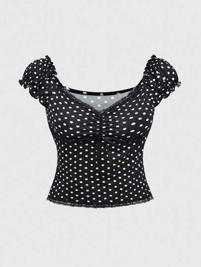 Kawaii 2 pièces Ensemble top et jupe slim femme grande taille avec col V, nœud décoratif, pois contrastés et patchwork de dentelle