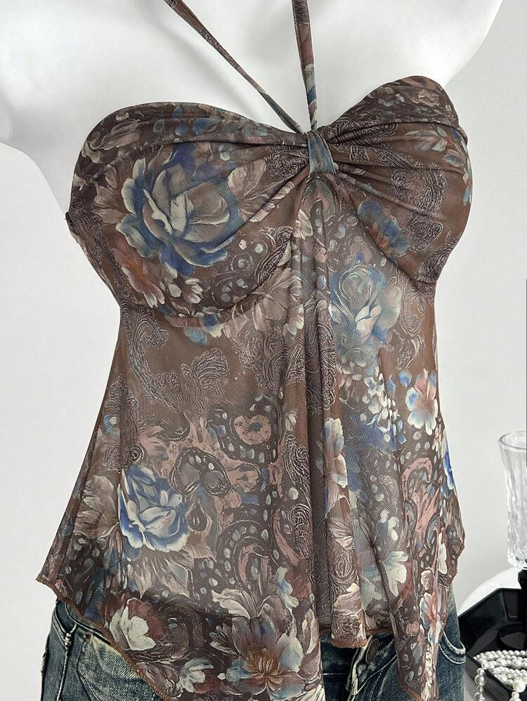 SHEIN Unity 女式休闲时尚佩斯利网眼复古印花细肩带蝴蝶结露背吊带背心，秋季 - 彩色 - 查看 5