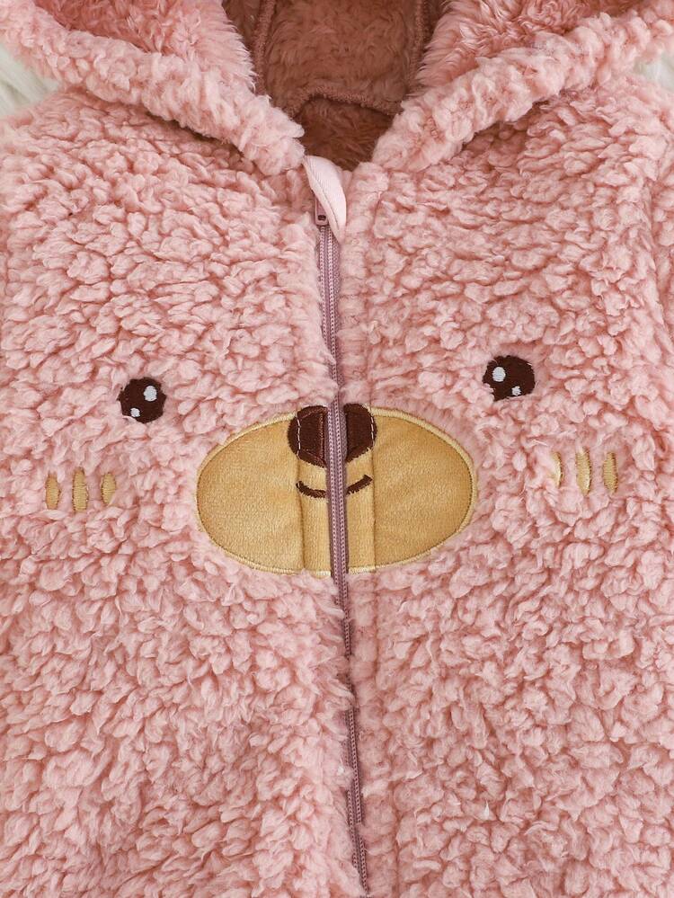 Cozy Pixies 新生男宝宝熊图案3D耳朵连帽加厚长袖连体衣，婴儿熊连体衣，新生儿冬季服装，婴儿泰迪熊套装，婴儿熊秋季装 - 粉色 - 查看 3