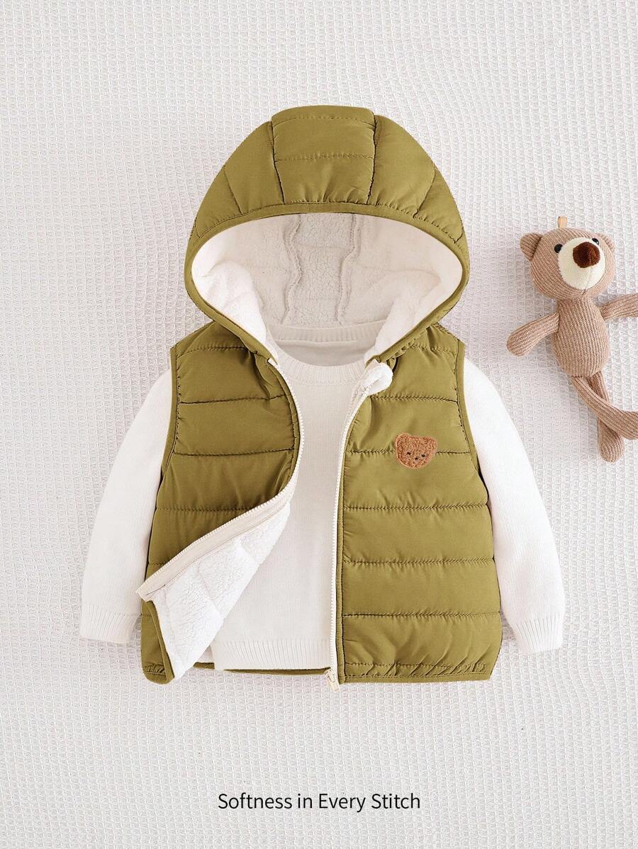 Áo khoác len cardigan có mũ trùm đầu họa tiết gấu hoạt hình cho bé trai sơ sinh - xanh quân đội - Xem 1