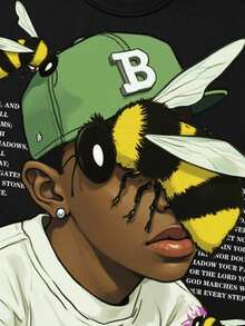 ROMWE MEN Street Life Spring/Summer Beach Vacation Graphic Men'S Loose Dropped Shoulder Short Style Printed T-Shirt - Black - View 4