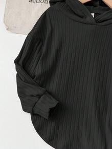 SHEIN 女婴可爱针织弹力纯色连帽衫上衣和弹力腰裤套装，秋冬季女婴罗纹两件套，女婴两件套服装，两件套，女童两件套，秋季套装 - 黑色 - 查看 3