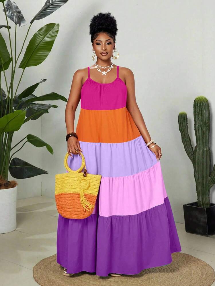 Maweii Vestido sin mangas con capas de colores llamativos, talla grande, nueva llegada 2025 - Multicolor - Añade 4