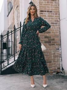 EMERY ROSE V 领花卉印花休闲百搭长袖连衣裙长款女装 - 彩色 - 查看 1