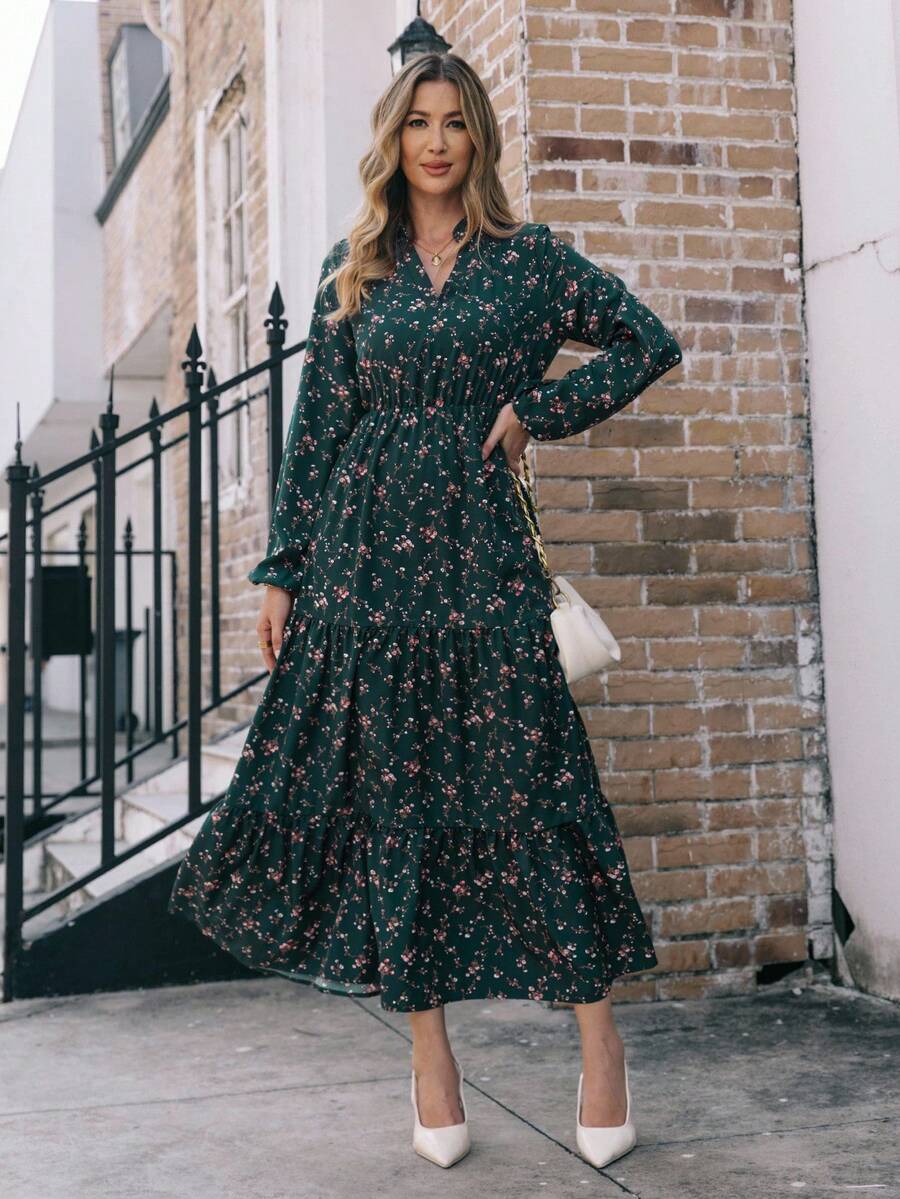 EMERY ROSE V 领花卉印花休闲百搭长袖连衣裙长款女装 - 彩色 - 查看 1