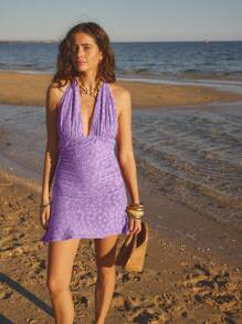 SHEIN Aralina-F Đầm ngắn cổ yếm ren hoa nhún bèo thanh lịch dành cho nữ đi nghỉ - Màu tím - Xem 5