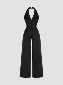 Sweetra Sexy V-Neck Rivet Halter Backless Jumpsuit, Fashionable Chic Design For Summer - Black - View 2