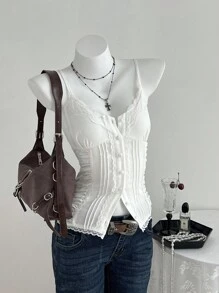 Elamini Áo hai dây ngắn tay ôm vừa vặn, thường ngày, đa năng, phối ren ngọt ngào - trắng - Xem 1