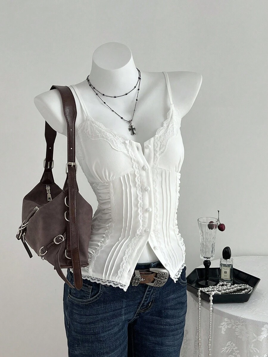 Elamini Áo hai dây ngắn tay ôm vừa vặn, thường ngày, đa năng, phối ren ngọt ngào - trắng - Xem 1