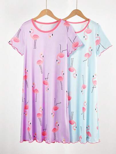 2pcs Teen Girls' Flamingo Print Pajama Dress, Comfortable Casual Sleepwear, Minimalist Design For Easy Matching, Stretchy And Breathable Knit Fabric, Machine Washable, Comfortable Fit, Easy Care (2 Pieces Sold Separately)