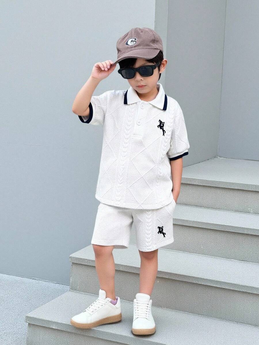 夏季新款休闲纹理针织 Polo 衫 T 恤 + 宽松短裤 2 件套年轻男孩服装，学院风 - 白色 - 查看 1