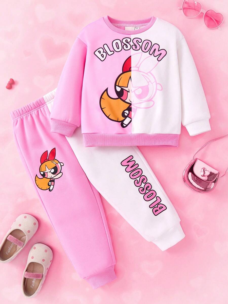 THE POWERPUFF GIRLS X SHEIN 年轻女孩可爱花朵印花撞色落肩宽松圆领运动衫和裤子两件套，秋冬 - 粉色 - 查看 1