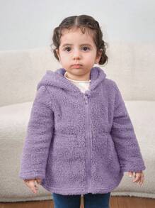 SHEIN Áo khoác dài tay có mũ trùm đầu mềm mại dành cho trẻ sơ sinh/trẻ mới biết đi, thích hợp cho các hoạt động ngoài trời, tiệc tùng và vui chơi, mùa thu/đông - Màu tím hoa cà - Xem 5
