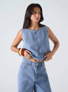 LYSMO Women's Casual Light Blue Denim Suit,Sleeveless Vest And Loose Pants Set,Summer Everyday Office Wear,Western Retro Y2K Streetwear,Festival Rave Outfit - Light Wash - View 4