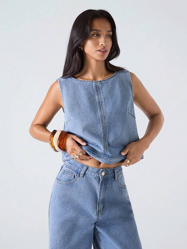 LYSMO 2025 秋季新品/女士休闲/宽松/牛仔套装/马甲/裤子/西部风/商务 /外出/夜店/办公室/音乐节/锐舞派对/工作服/乡村音乐会/早午餐/邮轮/复古/ 机场/千禧/街头风/Y2K/迪斯科/蓝色/宽松/休闲/牛仔无袖套装 - 淺色水洗藍 - 查看 4