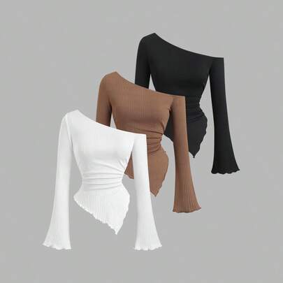 3개 여성용 기본 비대칭 헴 긴팔 탑, 블랙, 화이트, 카키, 봄, 여름, 가을에 적합