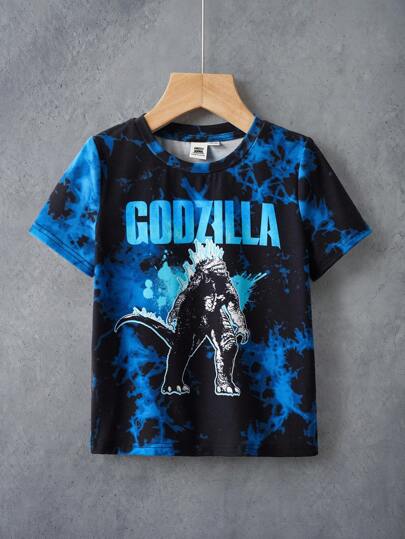 GODZILLAxKONG X SHEIN Young Boy Tie-Dye Monster Pattern Loose Fit Crew Neck Short Sleeve T-Shirt