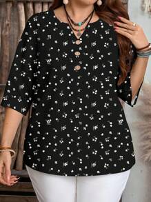 EMERY ROSE 大码女式休闲花卉印花装饰纽扣缺口领 3/4 袖宽松衬衫，适合夏季 - 彩色 - 查看 5