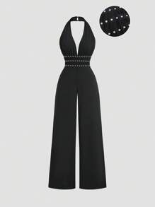Sweetra Sexy V-Neck Rivet Halter Backless Jumpsuit, Fashionable Chic Design For Summer - Black - View 1