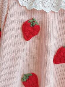 SHEIN Playful Pals 1 件女婴舒适优雅领口可爱 3D 草莓针织长袖连衣裙，适合秋冬季日常穿着