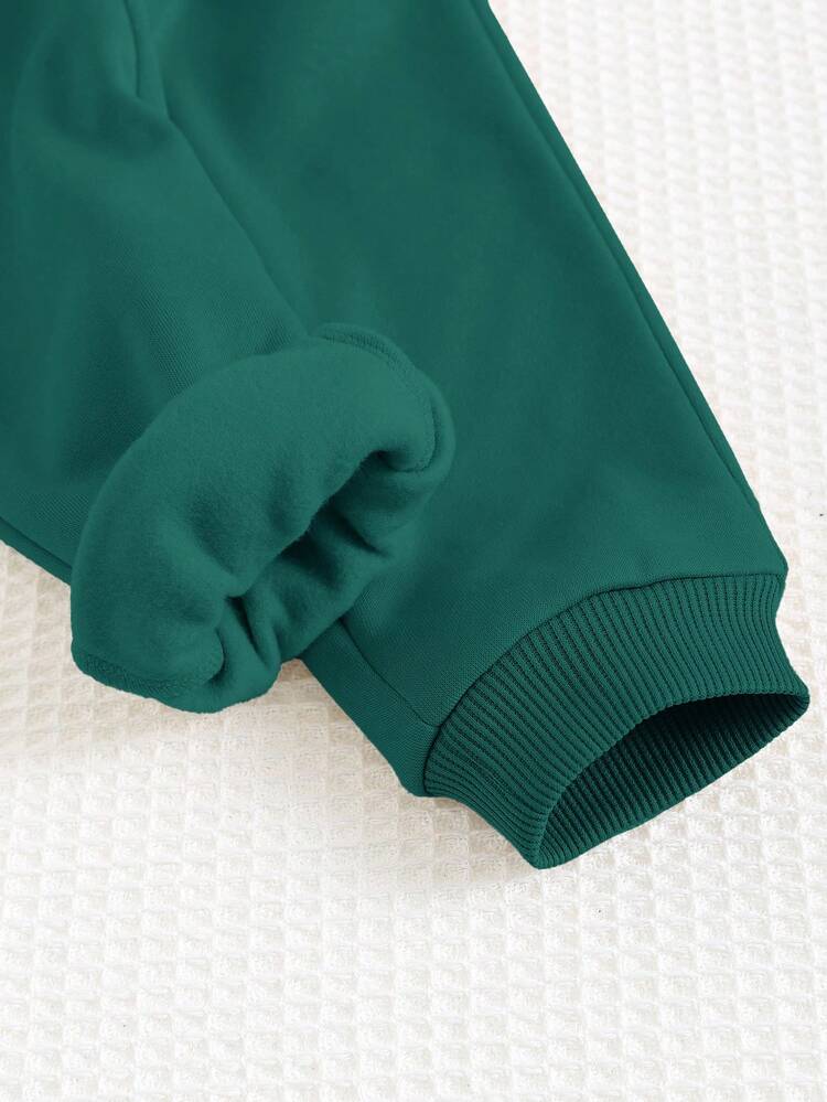 Cozy Pixies Bộ 3 áo hoodie cổ tròn tay dài in chữ mềm mại lót nhiệt cho bé trai, quần rút dây và áo ba lỗ không tay mùa thu đông - Màu xanh lá cây đậm - Xem 8